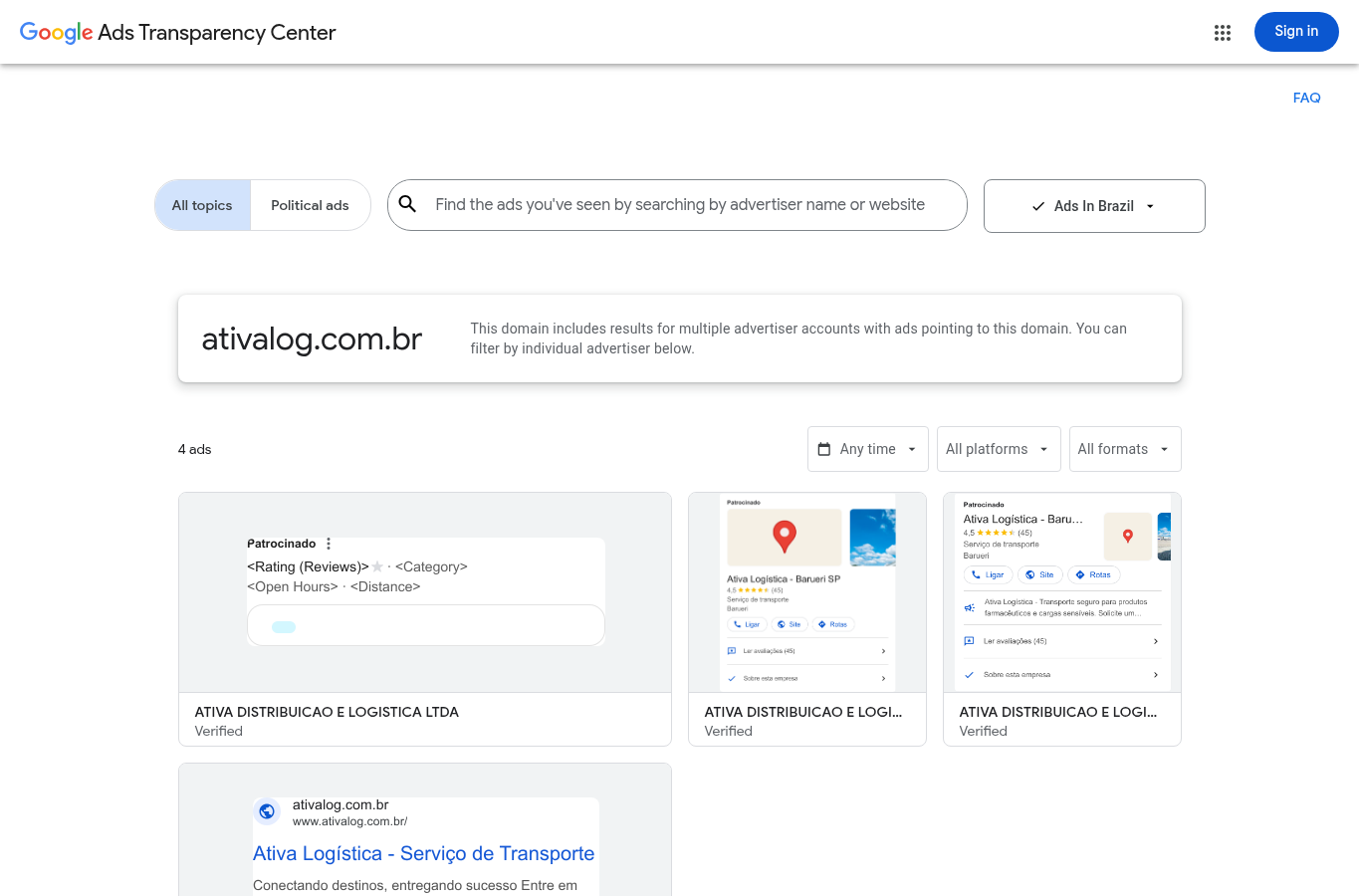 Print Google Ads Library para Ativa Logística